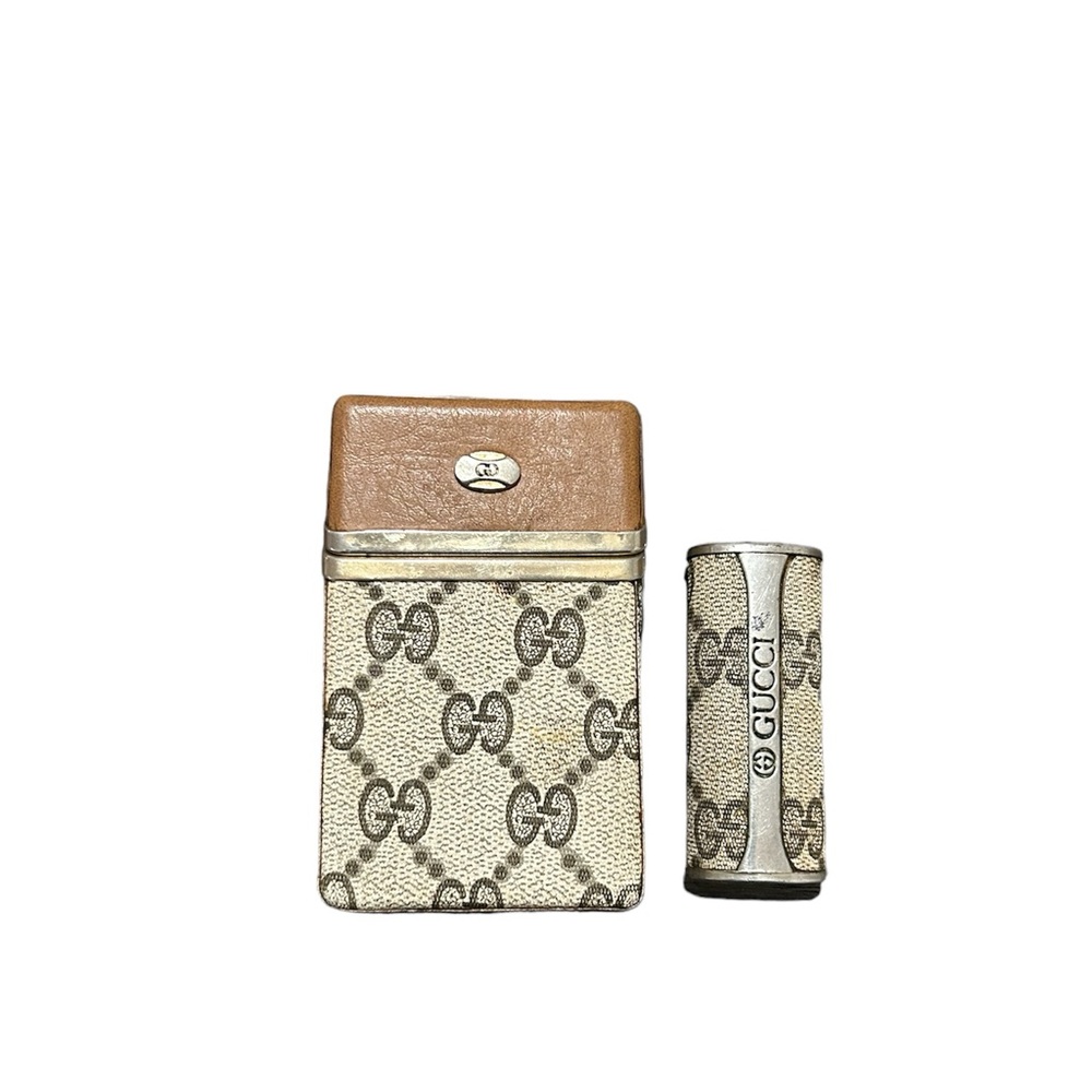 Gucci vintage leather monogram cigarettes case and lighter case set